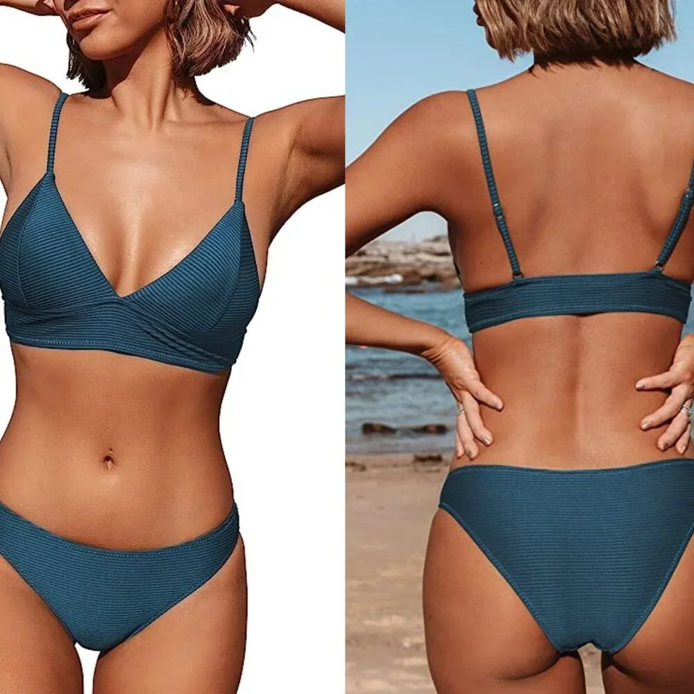 New CUPSHE Turquoise Ribbed Bikini Set - Picture 1 of 10